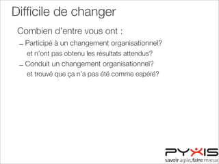 Difﬁcile de changer
Combien d’entre vous ont :
– Participé à un changement organisationnel?
et n’ont pas obtenu les résultats attendus?
– Conduit un changement organisationnel?
et trouvé que ça n’a pas été comme espéré?
 