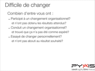 Difﬁcile de changer
Combien d’entre vous ont :
– Participé à un changement organisationnel?
et n’ont pas obtenu les résultats attendus?
– Conduit un changement organisationnel?
et trouvé que ça n’a pas été comme espéré?
– Essayé de changer personnellement?
et n’ont pas abouti au résultat souhaité?
 