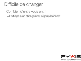Difﬁcile de changer
Combien d’entre vous ont :
– Participé à un changement organisationnel?
 