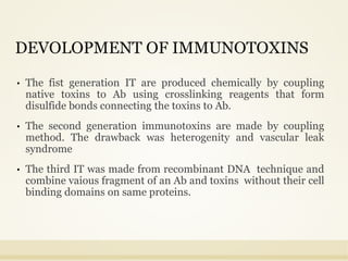 DEVOLOPMENT OF IMMUNOTOXINS
• The fist generation IT are produced chemically by coupling
native toxins to Ab using crosslinking reagents that form
disulfide bonds connecting the toxins to Ab.
• The second generation immunotoxins are made by coupling
method. The drawback was heterogenity and vascular leak
syndrome
• The third IT was made from recombinant DNA technique and
combine vaious fragment of an Ab and toxins without their cell
binding domains on same proteins.
 