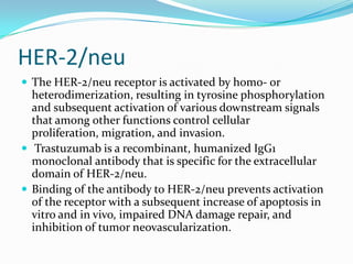 HER-2/neu
 The HER-2/neu receptor is activated by homo- or
  heterodimerization, resulting in tyrosine phosphorylation
  and subsequent activation of various downstream signals
  that among other functions control cellular
  proliferation, migration, and invasion.
 Trastuzumab is a recombinant, humanized IgG1
  monoclonal antibody that is specific for the extracellular
  domain of HER-2/neu.
 Binding of the antibody to HER-2/neu prevents activation
  of the receptor with a subsequent increase of apoptosis in
  vitro and in vivo, impaired DNA damage repair, and
  inhibition of tumor neovascularization.
 