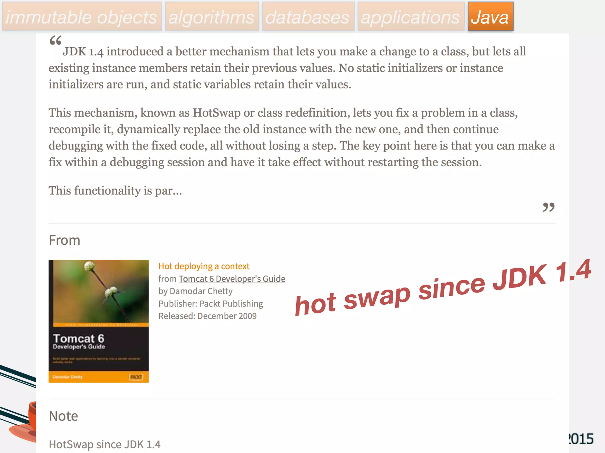 immutable objects algorithms databases applications Java
• Don’t hotdeploy/redeploy/migrate your
Java services in production at runtime.
Christian Posta

Principal Middleware Specialist/Architect
at Red Hat, open-source enthusiast,
committer on Apache ActiveMQ, Apache
Camel, Fabric8, HawtIO, blogging,
Family, India Pale Ale.
http://blog.christianposta.com/immutable/immutable-infrastructure-and-the-jvm-part-i/
 
