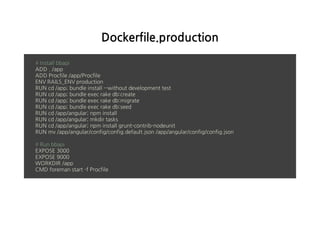 Dockerfile.production
#Installbbapi
ADD./app
ADDProcfile/app/Procfile
ENVRAILS_ENVproduction
RUNcd/app;bundleinstall--withoutdevelopmenttest
RUNcd/app;bundleexecrakedb:create
RUNcd/app;bundleexecrakedb:migrate
RUNcd/app;bundleexecrakedb:seed
RUNcd/app/angular;npminstall
RUNcd/app/angular;mkdirtasks
RUNcd/app/angular;npminstallgrunt-contrib-nodeunit
RUNmv/app/angular/config/config.default.json/app/angular/config/config.json
#Runbbapi
EXPOSE3000
EXPOSE9000
WORKDIR/app
CMDforemanstart-fProcfile
 