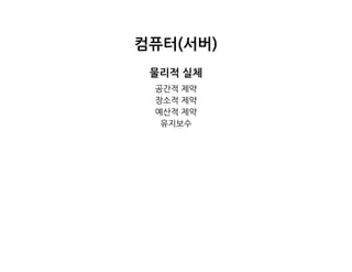 컴퓨터(서버)
물리적실체
공간적제약
장소적제약
예산적제약
유지보수
 