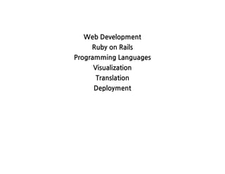 WebDevelopment
RubyonRails
ProgrammingLanguages
Visualization
Translation
Deployment
 