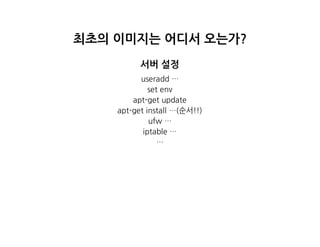 최초의이미지는어디서오는가?
서버설정
useradd…
setenv
apt-getupdate
apt-getinstall…(순서!!)
ufw…
iptable…
…
 