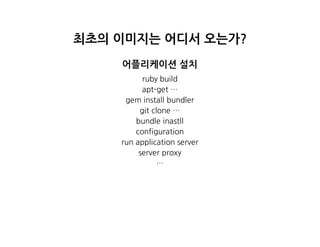 최초의이미지는어디서오는가?
어플리케이션설치
rubybuild
apt-get…
geminstallbundler
gitclone…
bundleinastll
configuration
runapplicationserver
serverproxy
…
 