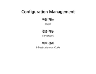 ConfigurationManagement
복원가능
Build
검증가능
Serverspec
이력관리
InfrastructureasCode
 