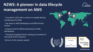 • Founded in 2012 with a mission to simplify Backup
and Recovery for AWS
• Top rated on AWS Marketplace and AWS Premier
Partner
• Purpose-built for AWS & distributed via AWS
Marketplace
• Thousands of global clients, backing up hundreds of
thousands of EC2 instances
•Winner of 18+ industry awards
N2WS: A pioneer in data lifecycle
management on AWS
#1 AWS Recovery
 