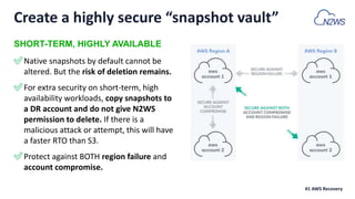✅Native snapshots by default cannot be
altered. But the risk of deletion remains.
✅For extra security on short-term, high
availability workloads, copy snapshots to
a DR account and do not give N2WS
permission to delete. If there is a
malicious attack or attempt, this will have
a faster RTO than S3.
✅Protect against BOTH region failure and
account compromise.
#1 AWS Recovery
Create a highly secure “snapshot vault”
SHORT-TERM, HIGHLY AVAILABLE
 