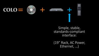 +=COLO +
Simple, stable,
standards-compliant
interface:
(19” Rack, AC Power,
Ethernet, …)
 