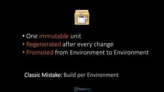 • One immutable unit
• Regenerated after every change
• Promoted from Environment to Environment
Classic Mistake: Build per Environment
 
