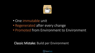 • One immutable unit
• Regenerated after every change
• Promoted from Environment to Environment
Classic Mistake: Build per Environment
 