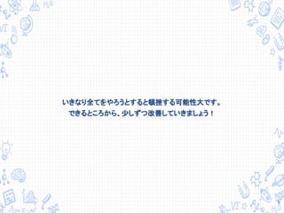 いきなり全てをやろうとすると頓挫する可能性大です。
できるところから、少しずつ改善していきましょう！
11
 