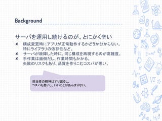サーバを運用し続けるのが、とにかく辛い
✘ 構成変更時にアプリが正常動作するかどうか分からない。
特にライブラリの依存性など。
✘ サーバが故障した時に、同じ構成を再現するのが高難度。
✘ 手作業は面倒だし、作業時間もかかる。
失敗のリスクもあり、品質を作りこむコスパが悪い。
Background
担当者の精神はすり減るし、
コスパも悪いし、いいことがあんまりない。
3
 