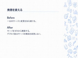 Before
一台のサーバに変更を加え続ける。
After
サーバをゼロから構築する。
デプロイ後はサーバの構成を変更しない。
発想を変える
4
 
