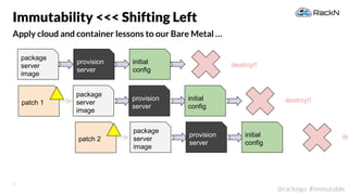 27
@rackngo #immutable
Apply cloud and container lessons to our Bare Metal …
Immutability <<< Shifting Left
destroy!!
destroy!!patch 1
depatch 2
package
server
image
provision
server
initial
config
package
server
image
provision
server
initial
config
package
server
image
provision
server
initial
config
 