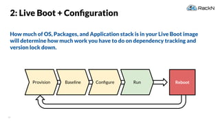 38
How much of OS, Packages, and Application stack is in your Live Boot image
will determine how much work you have to do on dependency tracking and
version lock down.
2: Live Boot + Conﬁguration
Provision RebootBaseline Conﬁgure Run
 