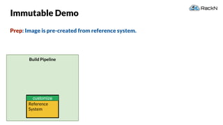 45
Build Pipeline
Immutable Demo
Prep: Image is pre-created from reference system.
Reference
System
customize
 