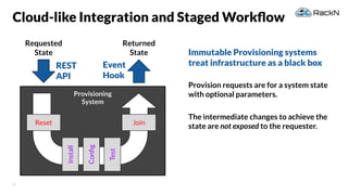 31
Cloud-like Integration and Staged Workﬂow
Immutable Provisioning systems
treat infrastructure as a black box
Provision ...