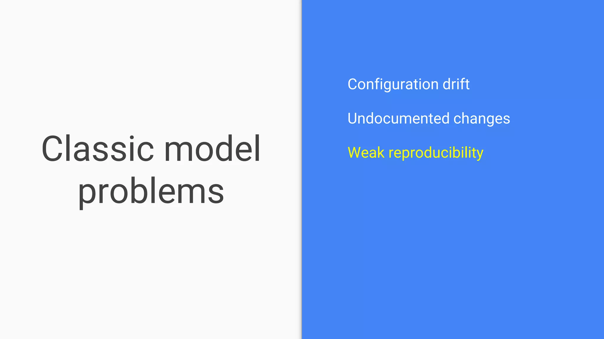 Classic model
problems
Configuration drift
Undocumented changes
Weak reproducibility
 