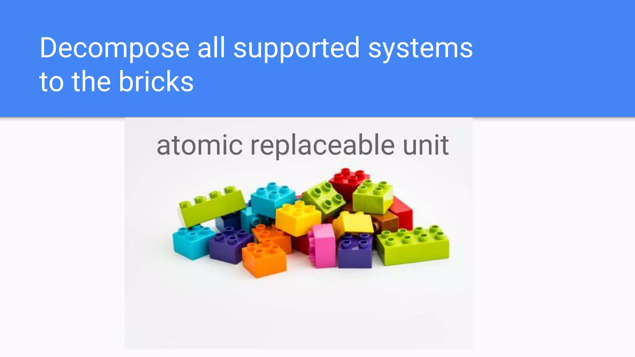 Decompose all supported systems
to the bricks
atomic replaceable unit
 