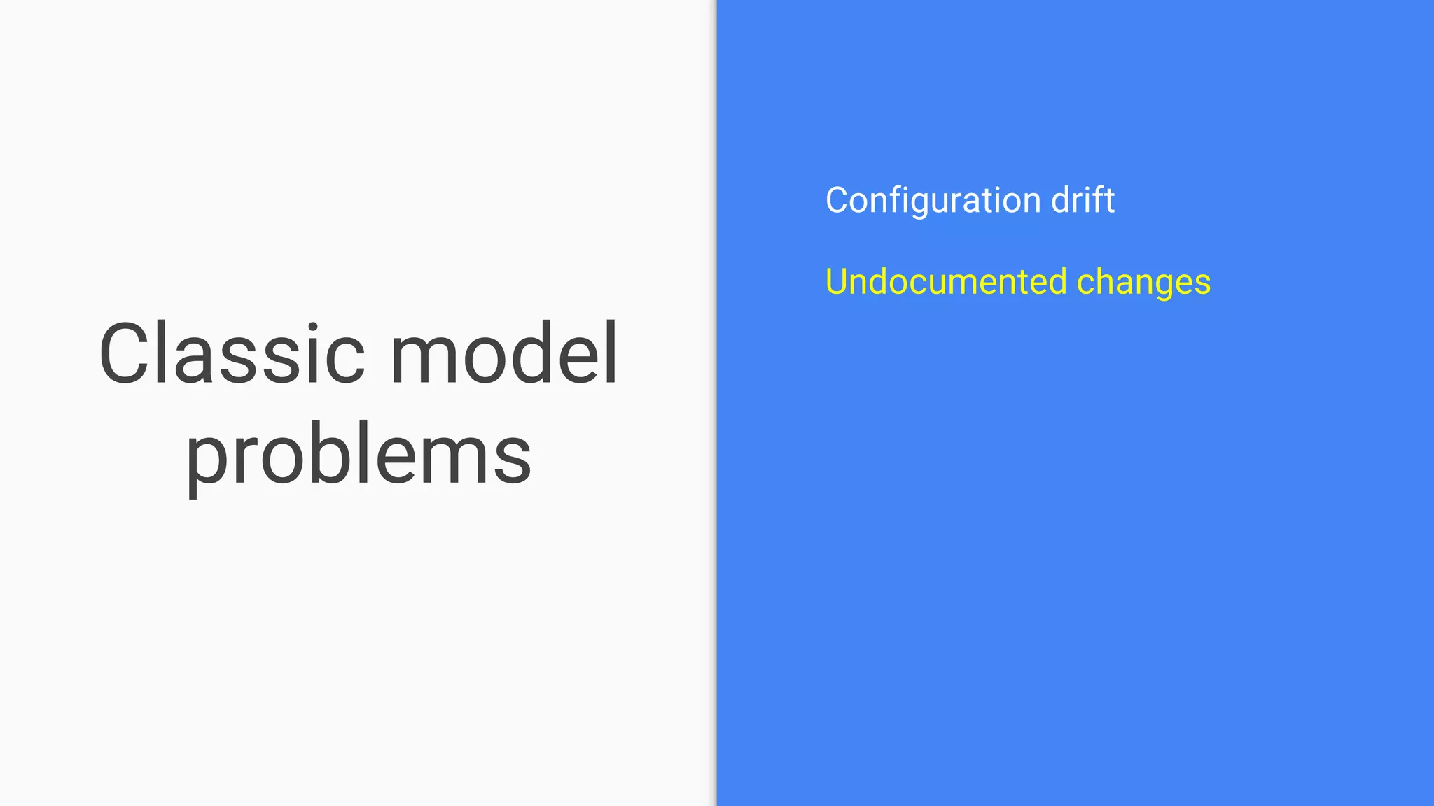 Classic model
problems
Configuration drift
Undocumented changes
 
