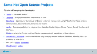 • Weave – “The Docker Network”
• Terraform – a deployment tool for infrastructure as code
• Rancher.io – Open source GUI product for Docker containers management (using IPSec for inter-hosts container
communication, based on Docker, Compose and Swarm)
• Apollo – Open source platform for micro services (based on Docker, Weave, Mesos, Packer, Consul, Terraform and
HAProxy).
• Flocker – yet another Docker multi host Cluster management with special care to Data volumes
• SequenceIQ CloudBreak – Hadoop self service easy to deploy clusters based on containers, exposing REST API
(“Hadoop as a Service”)
• Dev Env++: Crane , Powerstrip
• CloudFoundry: Lattice
20
Some Hot Open Source Projects
Etcetera Emerging technologies
 