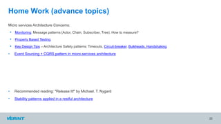 Micro services Architecture Concerns:
• Monitoring: Message patterns (Actor, Chain, Subscriber, Tree). How to measure?
• Property Based Testing
• Key Design Tips – Architecture Safety patterns: Timeouts, Circuit-breaker, Bulkheads, Handshaking
• Event Sourcing + CQRS pattern in micro-services architecture
• Recommended reading: "Release It!" by Michael. T. Nygard
• Stability patterns applied in a restful architecture
22
Home Work (advance topics)
 