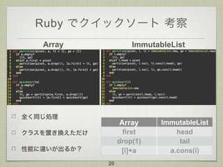 Ruby でクイックソート 考察
全く同じ処理
クラスを置き換えただけ
性能に違いが出るか？
20
Array ImmutableList
Array ImmutableList
first head
drop(1) tail
[i]+a a....