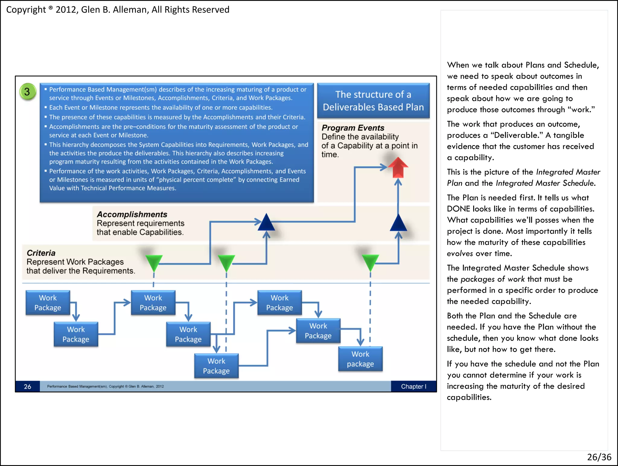 Copyright ® 2012, Glen B. Alleman, All Rights Reserved




                                                         When we talk about Plans and Schedule,
                                                         we need to speak about outcomes in
                                                         terms of needed capabilities and then
                                                         speak about how we are going to
                                                         produce those outcomes through “work.”
                                                         The work that produces an outcome,
                                                         produces a “Deliverable.” A tangible
                                                         evidence that the customer has received
                                                         a capability.
                                                         This is the picture of the Integrated Master
                                                         Plan and the Integrated Master Schedule.
                                                         The Plan is needed first. It tells us what
                                                         DONE looks like in terms of capabilities.
                                                         What capabilities we’ll posses when the
                                                         project is done. Most importantly it tells
                                                         how the maturity of these capabilities
                                                         evolves over time.
                                                         The Integrated Master Schedule shows
                                                         the packages of work that must be
                                                         performed in a specific order to produce
                                                         the needed capability.
                                                         Both the Plan and the Schedule are
                                                         needed. If you have the Plan without the
                                                         schedule, then you know what done looks
                                                         like, but not how to get there.
                                                         If you have the schedule and not the Plan
                                                         you cannot determine if your work is
                                                         increasing the maturity of the desired
                                                         capabilities.




                                                                                                 26/36
 