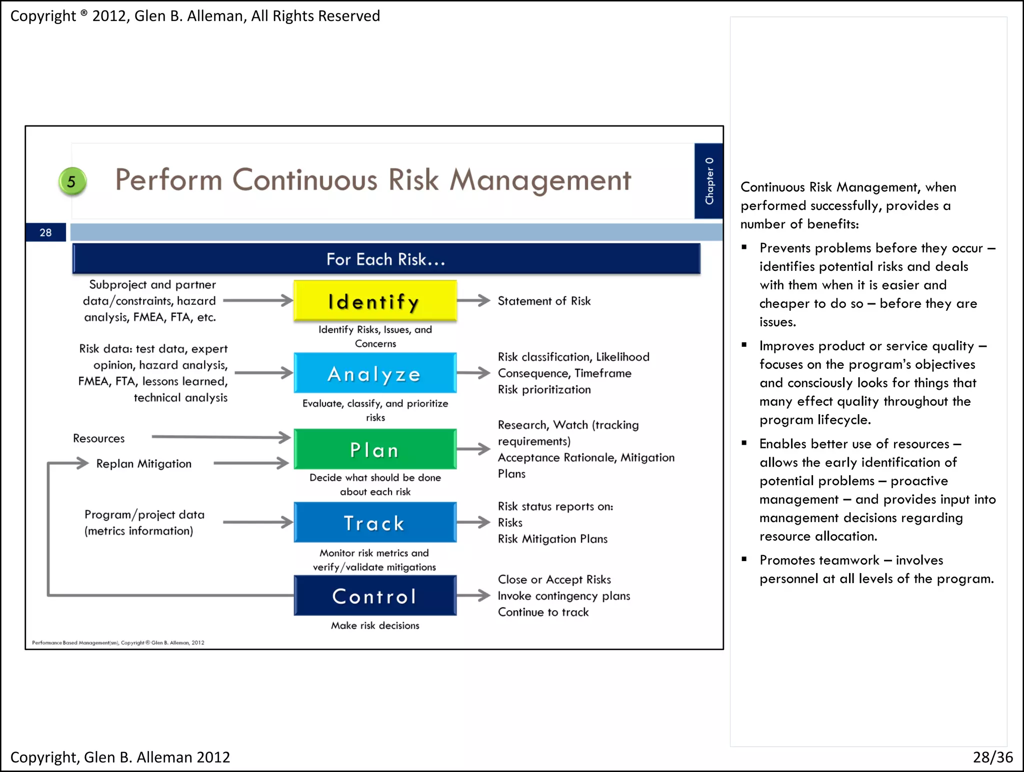 Copyright ® 2012, Glen B. Alleman, All Rights Reserved




                                                         Continuous Risk Management, when
                                                         performed successfully, provides a
                                                         number of benefits:
                                                          Prevents problems before they occur –
                                                           identifies potential risks and deals
                                                           with them when it is easier and
                                                           cheaper to do so – before they are
                                                           issues.
                                                          Improves product or service quality –
                                                           focuses on the program’s objectives
                                                           and consciously looks for things that
                                                           many effect quality throughout the
                                                           program lifecycle.
                                                          Enables better use of resources –
                                                           allows the early identification of
                                                           potential problems – proactive
                                                           management – and provides input into
                                                           management decisions regarding
                                                           resource allocation.
                                                          Promotes teamwork – involves
                                                           personnel at all levels of the program.




Copyright, Glen B. Alleman 2012                                                               28/36
 