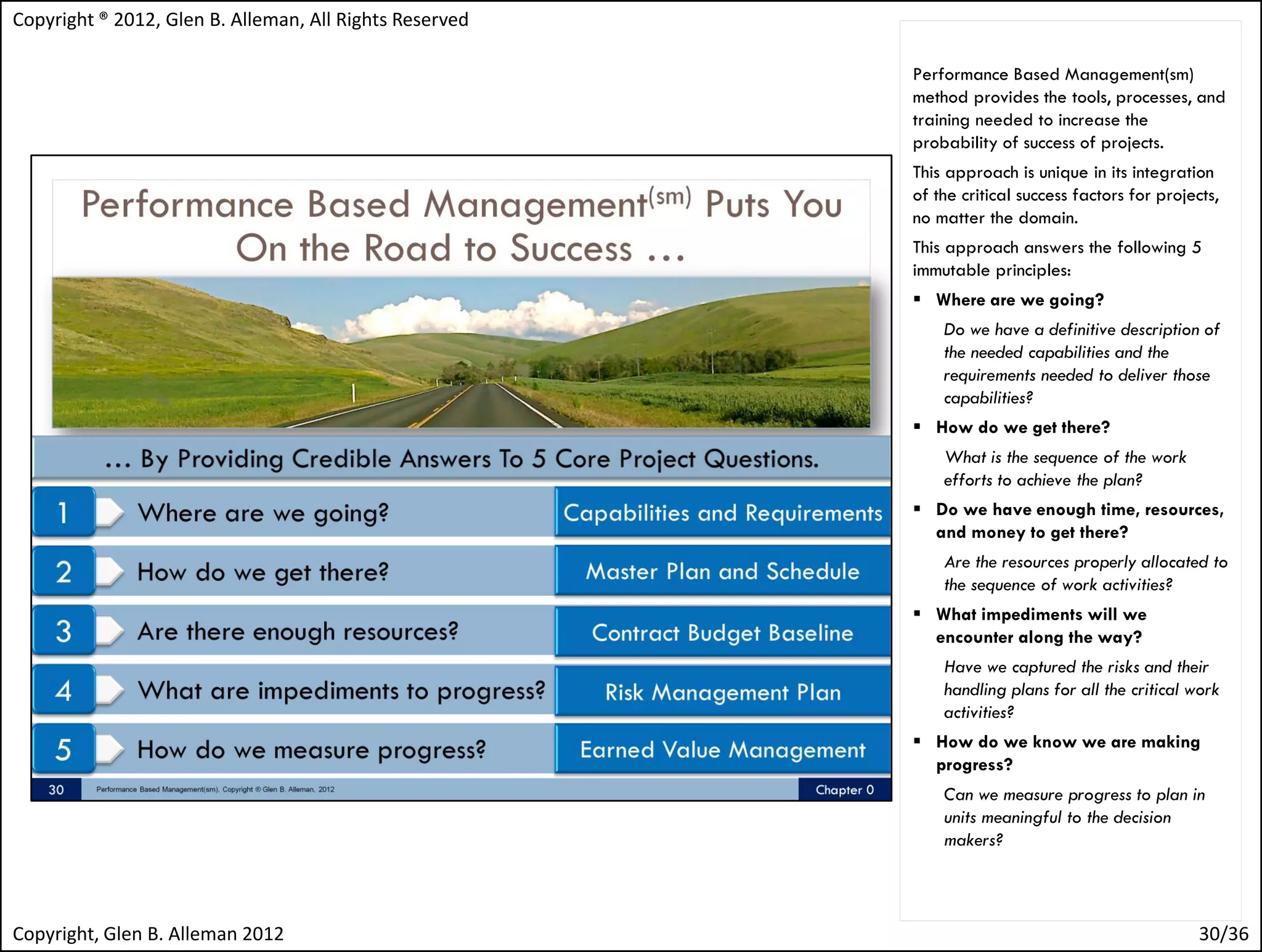 Copyright ® 2012, Glen B. Alleman, All Rights Reserved

                                                         Performance Based Management(sm)
                                                         method provides the tools, processes, and
                                                         training needed to increase the
                                                         probability of success of projects.
                                                         This approach is unique in its integration
                                                         of the critical success factors for projects,
                                                         no matter the domain.
                                                         This approach answers the following 5
                                                         immutable principles:
                                                          Where are we going?
                                                             Do we have a definitive description of
                                                             the needed capabilities and the
                                                             requirements needed to deliver those
                                                             capabilities?
                                                          How do we get there?
                                                             What is the sequence of the work
                                                             efforts to achieve the plan?
                                                          Do we have enough time, resources,
                                                           and money to get there?
                                                             Are the resources properly allocated to
                                                             the sequence of work activities?
                                                          What impediments will we
                                                           encounter along the way?
                                                             Have we captured the risks and their
                                                             handling plans for all the critical work
                                                             activities?
                                                          How do we know we are making
                                                           progress?
                                                             Can we measure progress to plan in
                                                             units meaningful to the decision
                                                             makers?



Copyright, Glen B. Alleman 2012                                                                    30/36
 