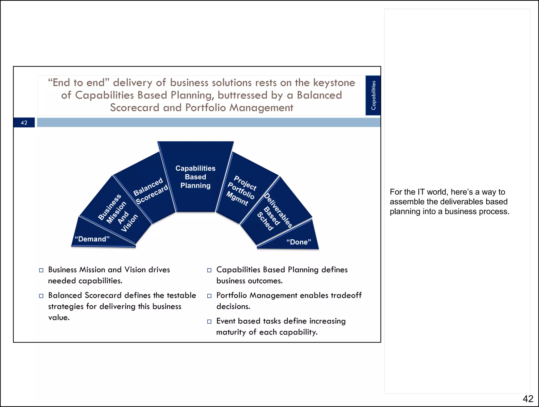 A way to show how capabilities can
drive requirements and how
capabilities can be connected to
business benefits.




                                     42
 