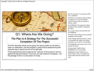 Copyright ® 2012, Glen B. Alleman, All Rights Reserved




                                                         Our first step here is to separate a Plan
                                                         from a Schedule.
                                                         The PLAN is a procedure used to achieve
                                                         an objective. It is a set of intended
                                                         actions, through which one expects to
                                                         achieve a goal.
                                                         The SCHEDULE is the sequence of these
                                                         intended actions, needed to implement
                                                         the PLAN.
                                                         But we don’t what to mix the PLAN with
                                                         the SCHEDULE.
                                                         The PLAN is the strategy for the successful
                                                         completion of the project.
                                                         In the strategic planning domain, a PLAN
                                                         is a hypothesis that needs to be tested
                                                         along the way to confirm we’re headed.
                                                         The SCHEDULE is the order of the work to
                                                         execute the PLAN.
                                                         We need both. PLANS without
                                                         SCHEDULES are not executable.
                                                         SCHEDULES without PLANS have no
                                                         stated mission, vision, or description of
                                                         success other than the execution of the
                                                         work.




The 5 Immutable Principles of Project Management                                                 13/58
 