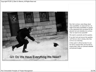 Copyright ® 2012, Glen B. Alleman, All Rights Reserved




                                                         Now that we know some things about
                                                         what capabilities we need and how we
                                                         might cause these capabilities to appear
                                                         at the appointed time and place for the
                                                         planned cost and schedule, do we know
                                                         what we need to be successful?
                                                         We need to constantly ask this question.
                                                         If we don’t ask and answer the question,
                                                         we’ll find out what is missing when they
                                                         arrive on our doorstep.
                                                         At that point it will be too late. It is not
                                                         too late to acquire them, but too late to
                                                         acquire them within our planned schedule
                                                         and planned budget.




The 5 Immutable Principles of Project Management                                                22/58
 