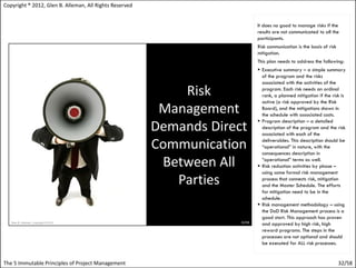 Copyright ® 2012, Glen B. Alleman, All Rights Reserved


                                                         It does no good to manage risks if the
                                                         results are not communicated to all the
                                                         participants.
                                                         Risk communication is the basis of risk
                                                         mitigation.
                                                         This plan needs to address the following:
                                                          Executive summary – a simple summary
                                                           of the program and the risks
                                                           associated with the activities of the
                                                           program. Each risk needs an ordinal
                                                           rank, a planned mitigation if the risk is
                                                           active (a risk approved by the Risk
                                                           Board), and the mitigations shown in
                                                           the schedule with associated costs.
                                                          Program description – a detailed
                                                           description of the program and the risk
                                                           associated with each of the
                                                           deliverables. This description should be
                                                           “operational” in nature, with the
                                                           consequences description in
                                                           “operational” terms as well.
                                                          Risk reduction activities by phase –
                                                           using some formal risk management
                                                           process that connects risk, mitigation
                                                           and the Master Schedule. The efforts
                                                           for mitigation need to be in the
                                                           schedule.
                                                          Risk management methodology – using
                                                           the DoD Risk Management process is a
                                                           good start. This approach has proven
                                                           and approved by high risk, high
                                                           reward programs. The steps in the
                                                           processes are not optional and should
                                                           be executed for ALL risk processes.


The 5 Immutable Principles of Project Management                                                   32/58
 