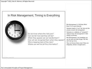 Copyright ® 2012, Glen B. Alleman, All Rights Reserved




                                                         Risk Management is a full time effort.
                                                         Even if it is a part-time job.
                                                         Someone needs to “own” the risks and the
                                                         process around risk management.
                                                         Someone or a collection of “someone's”
                                                         needs to have risk management in their
                                                         mind(s) at all times.
                                                         Risk Management is not something you
                                                         can do once and them forget. The risks
                                                         don’t just go away.
                                                         They are forever there, even if they are
                                                         mitigated, retired or bought down.




The 5 Immutable Principles of Project Management                                                  33/58
 