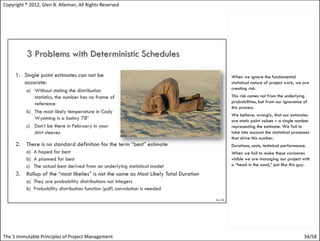 Copyright ® 2012, Glen B. Alleman, All Rights Reserved




                                                         When we ignore the fundamental
                                                         statistical nature of project work, we are
                                                         creating risk.
                                                         This risk comes not from the underlying
                                                         probabilities, but from our ignorance of
                                                         this process.
                                                         We believe, wrongly, that our estimates
                                                         are static point values – a single number
                                                         representing the estimate. We fail to
                                                         take into account the statistical processes
                                                         that drive this number.
                                                         Durations, costs, technical performance.
                                                         When we fail to make these variances
                                                         visible we are managing our project with
                                                         a “head in the sand,” just like this guy.




The 5 Immutable Principles of Project Management                                                 34/58
 
