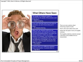 Copyright ® 2012, Glen B. Alleman, All Rights Reserved




                                                         There are many opinions about
                                                         measuring progress to plan.
                                                         Here’s what some authors have said.
                                                         Notice that all speak in terms of tangible
                                                         outcomes.
                                                         This tangible evidentiary materials concept
                                                         is the basis of all credible forms of
                                                         measurement.




The 5 Immutable Principles of Project Management                                                40/58
 