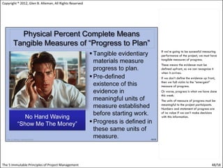 Copyright ® 2012, Glen B. Alleman, All Rights Reserved




                                                         If we’re going to be successful measuring
                                                         performance of the project, we must have
                                                         tangible measures of progress.
                                                         These means the evidence must be
                                                         defined upfront, so we can recognize it
                                                         when it arrives.
                                                         If we don’t define the evidence up front,
                                                         then we fall victim to the “emergent”
                                                         measure of progress.
                                                         Or worse, progress is what we have done
                                                         this week.
                                                         The units of measure of progress must be
                                                         meaningful to the project participants.
                                                         Numbers and statement of progress are
                                                         of no value if we can’t make decisions
                                                         with this information.




The 5 Immutable Principles of Project Management                                               48/58
 