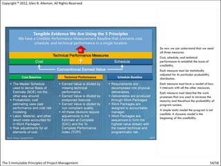 Copyright ® 2012, Glen B. Alleman, All Rights Reserved




                                                         So now we can understand that we need
                                                         all three measures
                                                         Cost, schedule, and technical
                                                         performance to establish the basis of
                                                         credibility.
                                                         Each measure must be statistically
                                                         adjusted for its particular probability
                                                         distribution.
                                                         Each measure must have a model of how
                                                         it interacts with all the other measures.
                                                         Each measure must describe the work
                                                         processes that are used to increase the
                                                         maturity and therefore the probability of
                                                         program success.
                                                         A simple static model the program is not
                                                         credible. A dynamic model is the
                                                         beginning of this credibility.




The 5 Immutable Principles of Project Management                                                   54/58
 