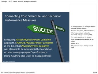Copyright ® 2012, Glen B. Alleman, All Rights Reserved




                                                         So what happens if we don’t get all these
                                                         principles put into practice.
                                                         We tried really hard, but didn’t make it.
                                                         What happens is you reduce the
                                                         Probability of Project Success (PoPS).
                                                         How much, depends on the project.
                                                         What are the impacts, depends on the
                                                         project.
                                                         But why do it.
                                                         Why not make every attempt to do it
                                                         right?




The 5 Immutable Principles of Project Management                                                  55/58
 