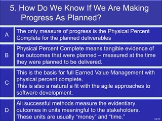 5. How Do We Know If We Are Making
Progress As Planned?
The only measure of progress is the Physical Percent
Complete for ...