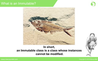 Copyright © 2016 Marcus Bielwww.marcus-biel.com
What is an Immutable?
In short,
an Immutable class is a class whose instances
cannot be modified.
 