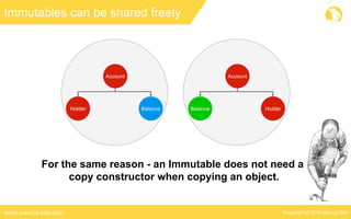 Copyright © 2016 Marcus Bielwww.marcus-biel.com
Account
Balance Holder
Immutables can be shared freely
Account
Holder Balance
For the same reason - an Immutable does not need a
copy constructor when copying an object.
 