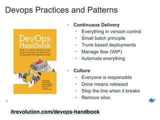 Devops Practices and Patterns
• Continuous Delivery
• Everything in version control
• Small batch principle
• Trunk based deployments
• Manage flow (WIP)
• Automate everything 
• Culture
• Everyone is responsible
• Done means released
• Stop the line when it breaks
• Remove silos
12
itrevolution.com/devops-handbook
 