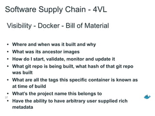 37
Visibility - Docker - Bill of Material
• Where and when was it built and why
• What was its ancestor images
• How do I start, validate, monitor and update it
• What git repo is being built, what hash of that git repo
was built
• What are all the tags this specific container is known as
at time of build
• What’s the project name this belongs to
• Have the ability to have arbitrary user supplied rich
metadata
Software Supply Chain - 4VL
 