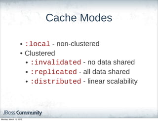 Cache  Modes

                    • :local  -­  non-­clustered
                    • Clustered
                      • :invalidated  -­  no  data  shared
                      • :replicated  -­  all  data  shared
                      • :distributed  -­  linear  scalability




Monday, March 19, 2012
 