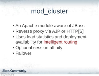mod_cluster

                    • An  Apache  module  aware  of  JBoss
                    • Reverse  proxy  via  AJP  or  HTTP[S]
                    • Uses  load  statistics  and  deployment  
                      availability  for  intelligent  routing
                    • Optional  session  affinity
                    • Failover



Monday, March 19, 2012
 